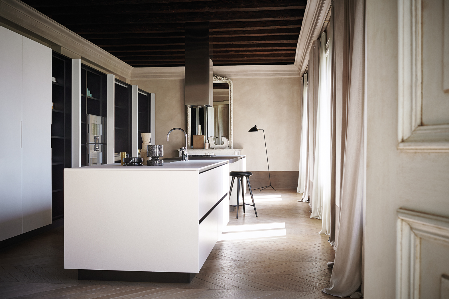 cuisine laquée soie blanc avec plan de travail mince Bordeaux