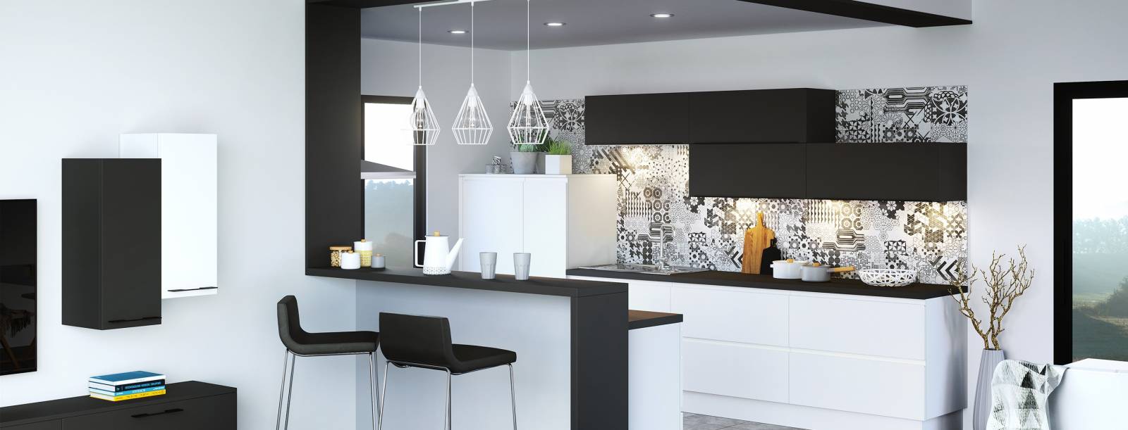 Cuisine de la gamme BORÉALE avec des façades blanches accordées à des façades OPALE noires et un plan de travail Fénix noir et crédence déco 